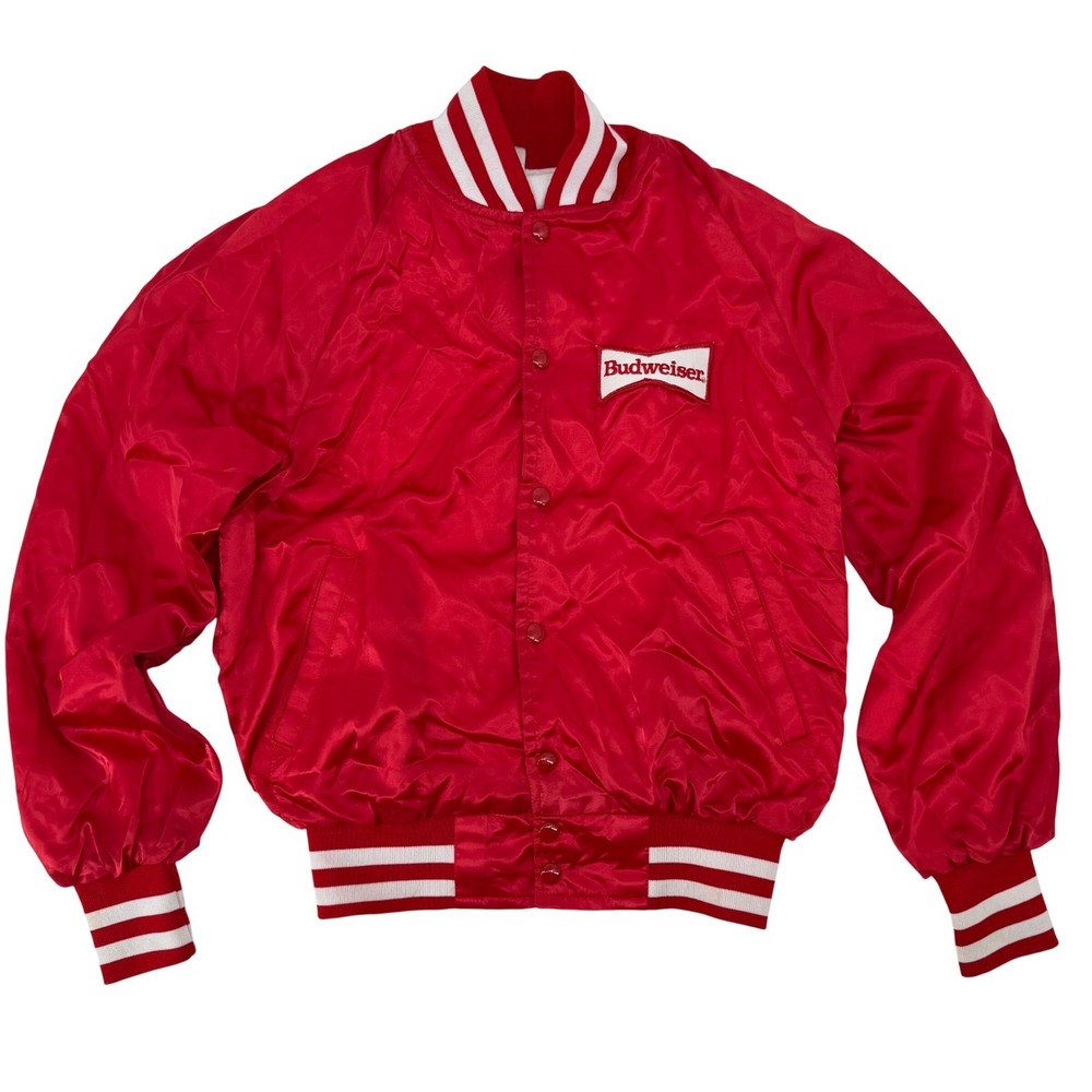 Vintage Budweiser‎ Satin Bomber Jacket Red Mens Medium Snap Front Logo